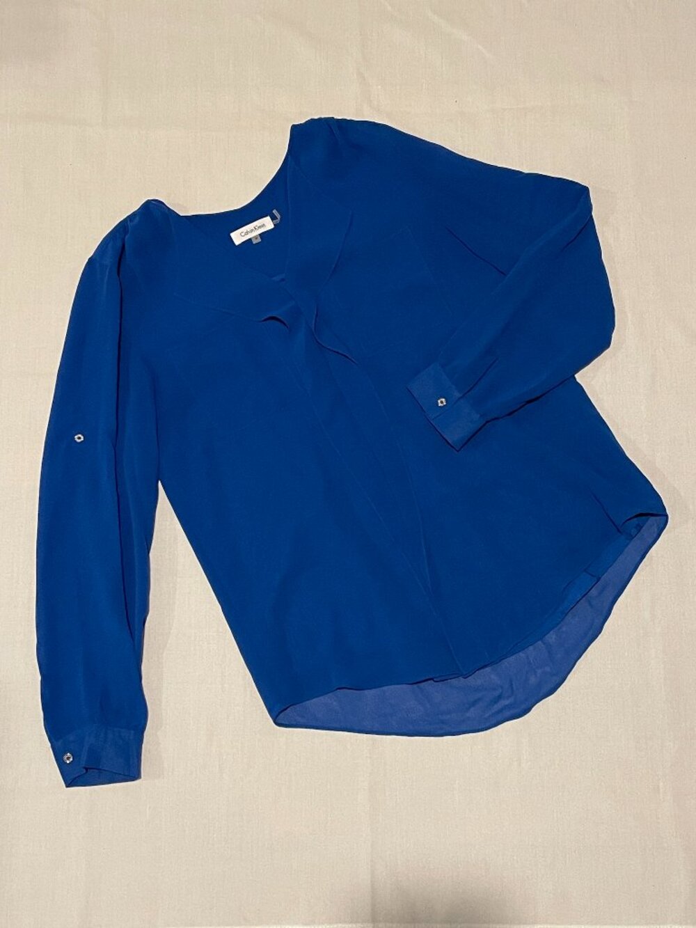 Calvin Klein cerulean blue long sleeve chiffon blouse